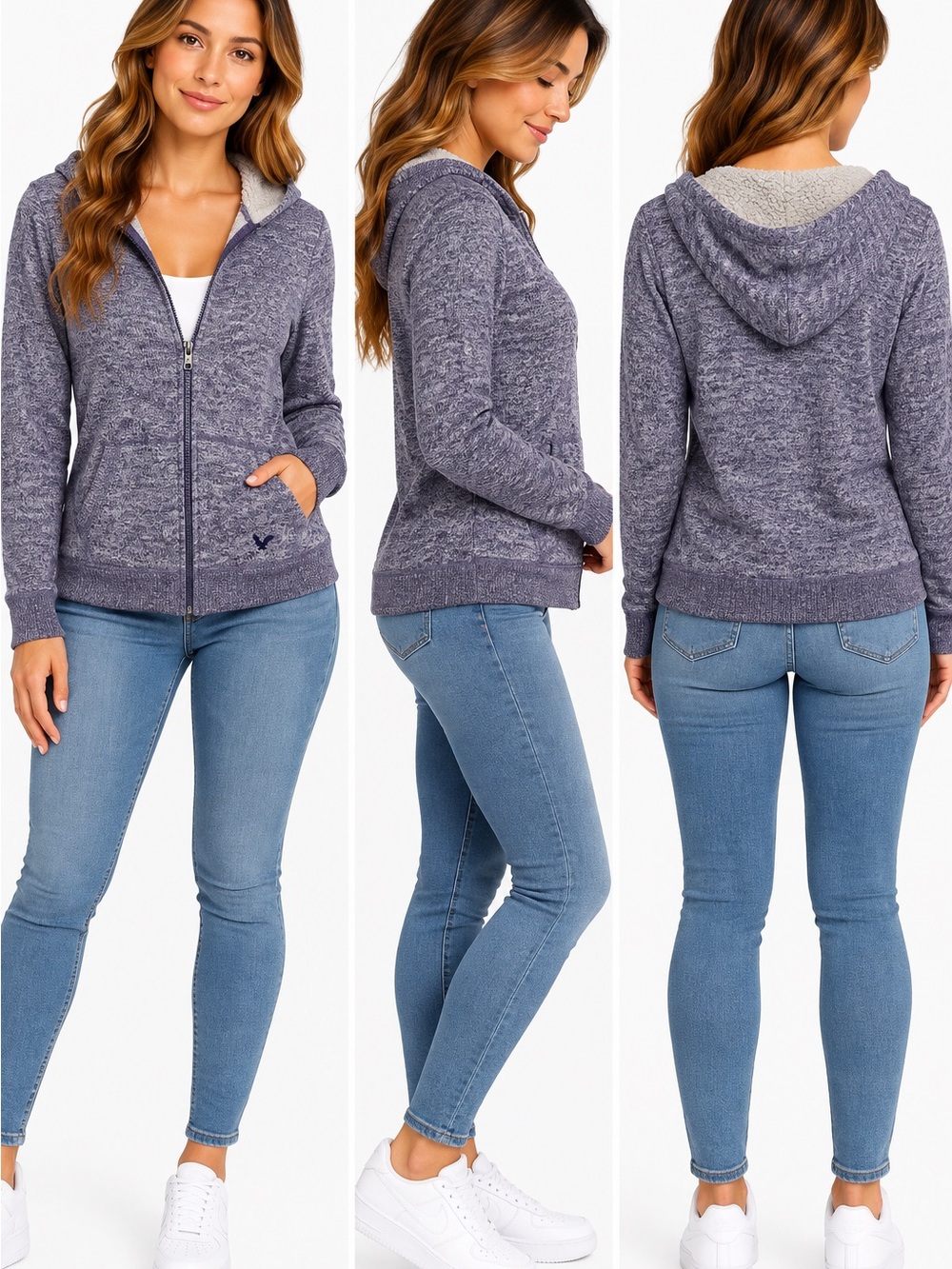 American Eagle Women’s Purple Heather Sherpa Lined Zip Hoodie Size M